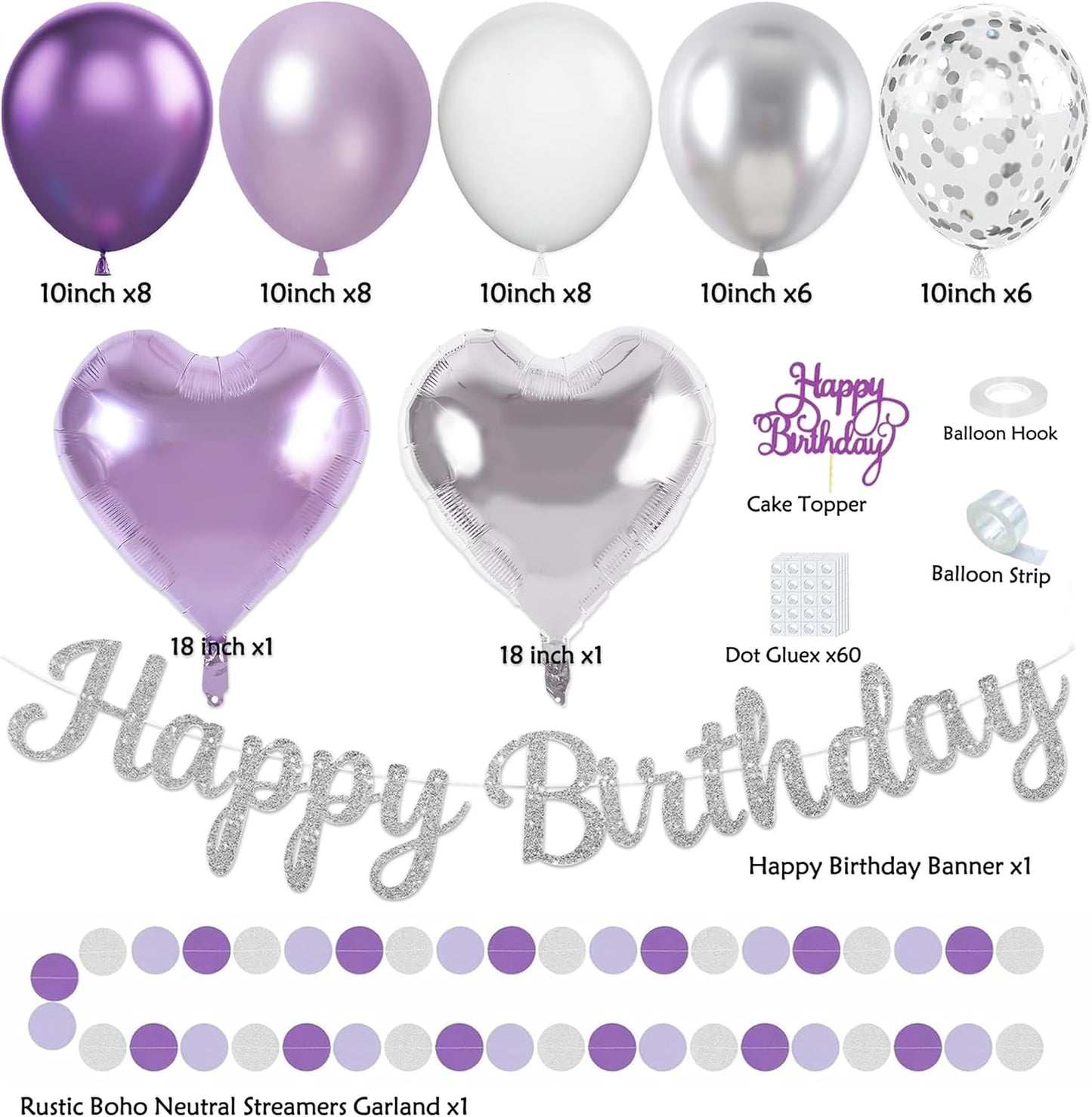 Purple Silver Birthday Party Decorations Kit with Happy Birthday Banner, Paper Lanterns, Streamers, Tissue Pom Poms, Honeycomb Flower Fans, Silver and Purple Balloons, & More for Women Girls' Party