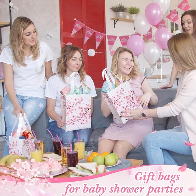 Supervitae 24 Pack Cherry Blossom Theme Gift Bags Spring Floral Medium Goodie Party Favor Bags Vintage Reusable Totes Non Woven Totes for Baby Shower Birthday Wedding Family Travel(9.8" x 7.9" x 3.9")