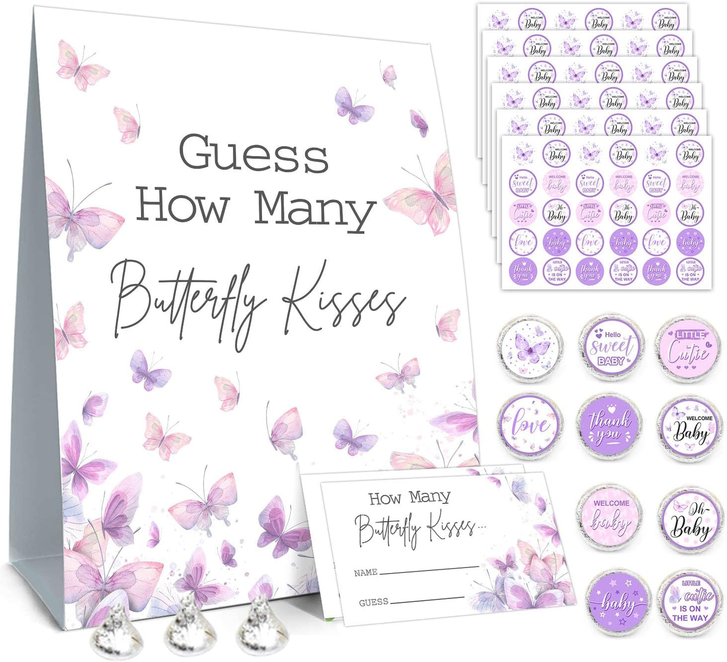 Butterfly Kisses Baby Shower Game Set - Guess How Many Kisses, 50 Cards, Standing Sign, 180 Stickers