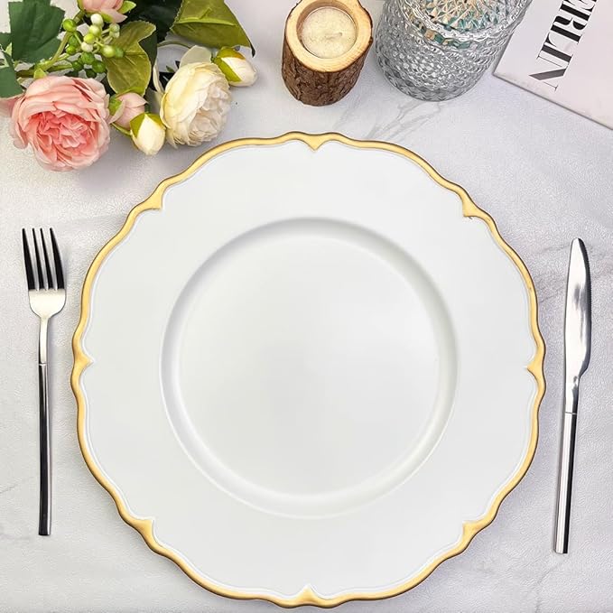 White Scalloped Charger Plates with Gold Rim, 13" Plastic Decoration Charger for Dinner Plates, Wedding, Tabletop Decor(Set of 6)