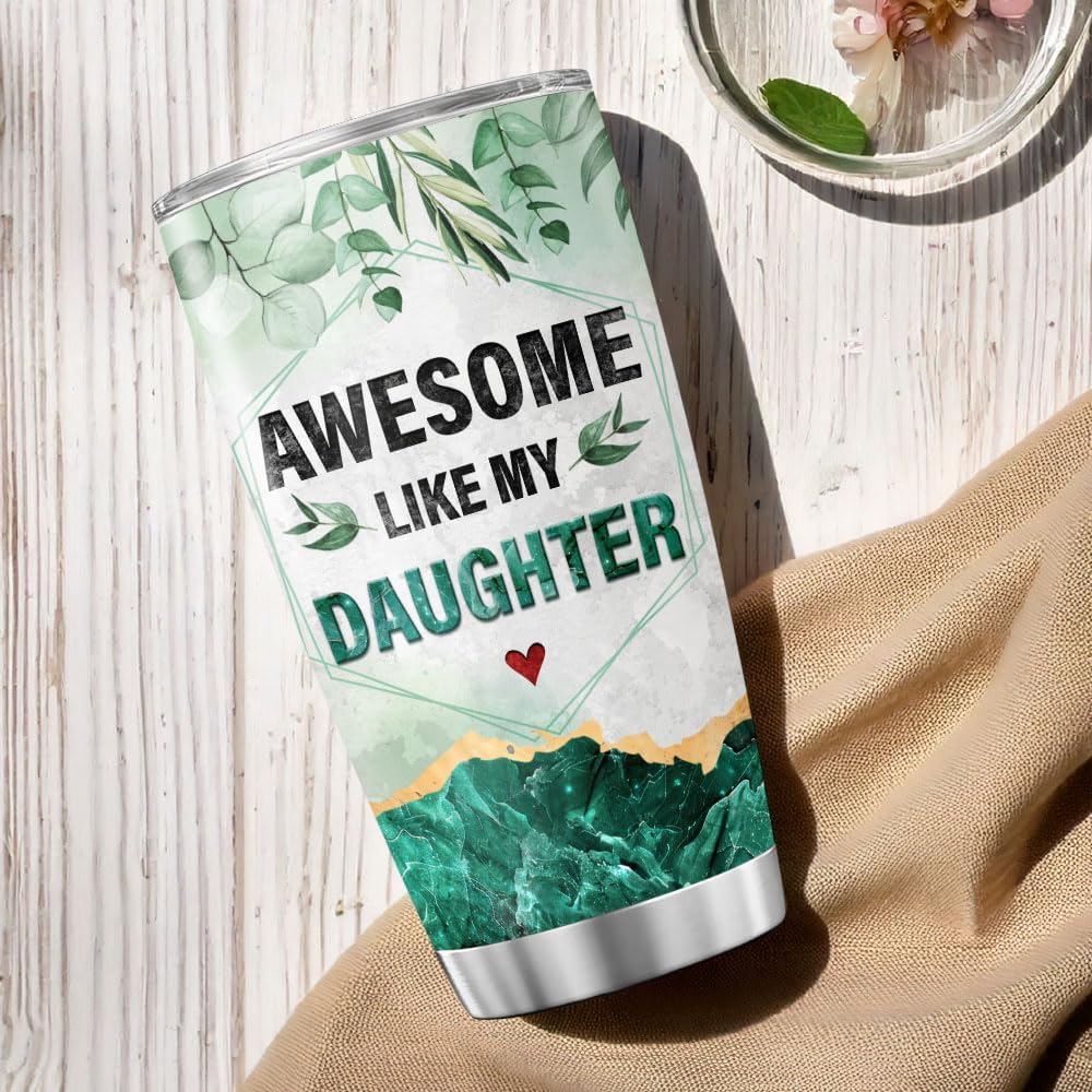 Awesome Like My Daughter Gift Tumbler 20oz, Funny Green Marble Design Insulated Stainless Steel Cup for Dad, Ideal Birthday or Fathers Day Present, Keeps Drinks Hot or Cold
