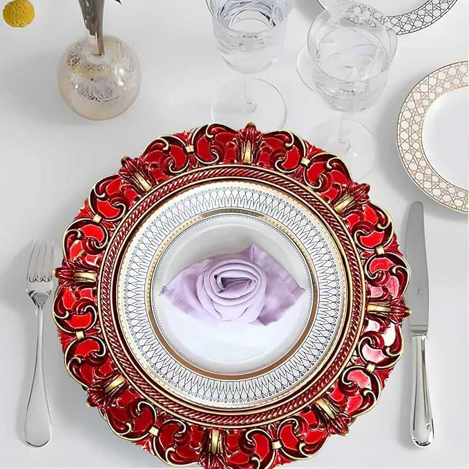 6 Pack Red Charger Plates 13" Round Charger Plates for Dinning Plates with Embossed Rim Plastic Charger for Dinner, Wedding, Elegant Tableware Decor