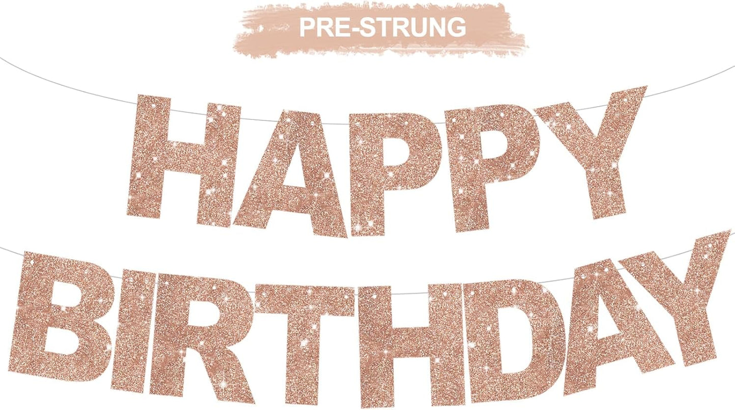 BEISHIDA Rose Gold Happy Birthday Banner - Pre-Strung,No DIY，Party Decorations - Happy Birthday Sign - Bday Banner for Women, Kids for Birthday Decor, Backdrop