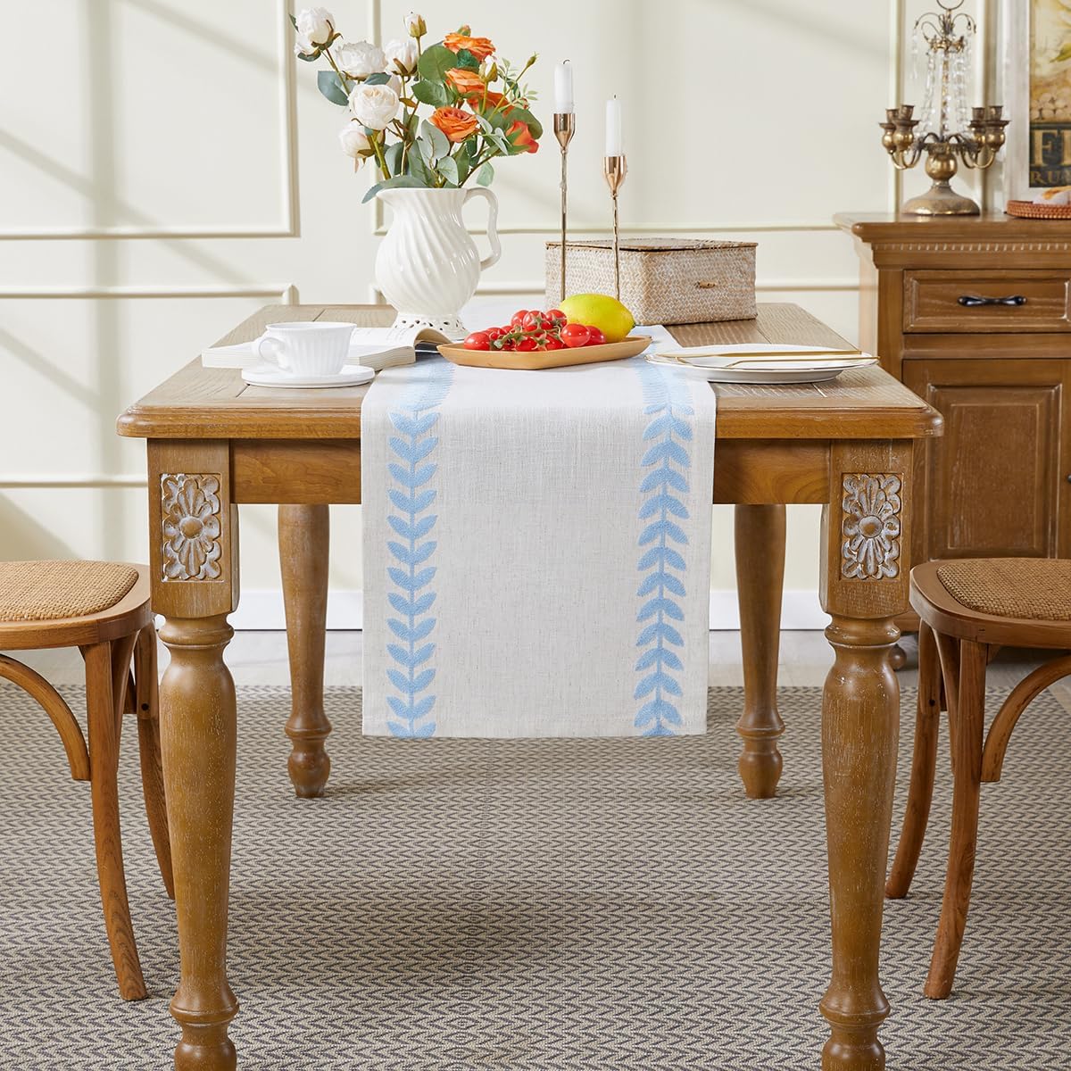 Wracra Embroidered Table Runner Irregular Willow Leaf Table Runners 72 Inches Long for Dresser Home Dining Table Decor,14 x 72 Inch, Blue