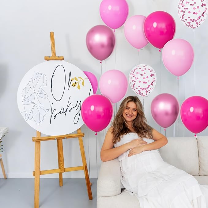 68Pcs Pink Balloons Kit 12 Inch Metallic Pink Balloon, Pink Confetti Balloon and Baby Pink Party Balloons with Ribbons for Birthday, Wedding, Baby Shower, Graduation Decorations.