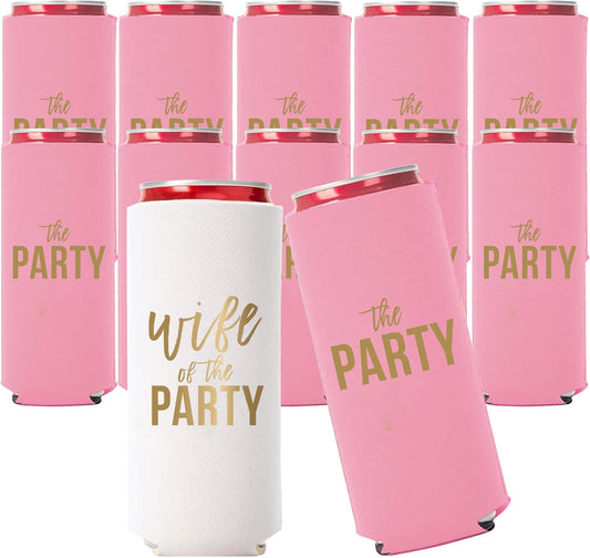 Wife of the Party and The Party Bachelorette Can Coolers - Set of 12, Perfect for Decorations and Bridesmaid Gifts (Dusty Rose, Slim)