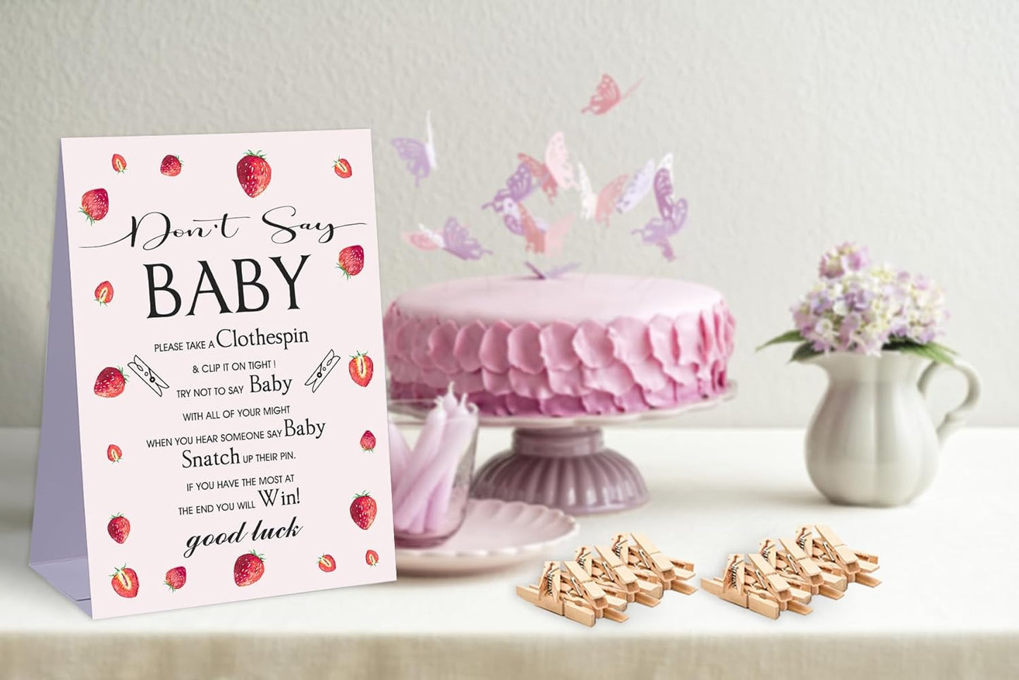 Don't Say Baby Baby Shower Game,Strawberry Berry Sweet Baby Shower Decorations,Mini Clothespins for Baby Shower,Neutral Baby Shower Decorations,1 Sign & 50 Mini Clothespins Set-B10