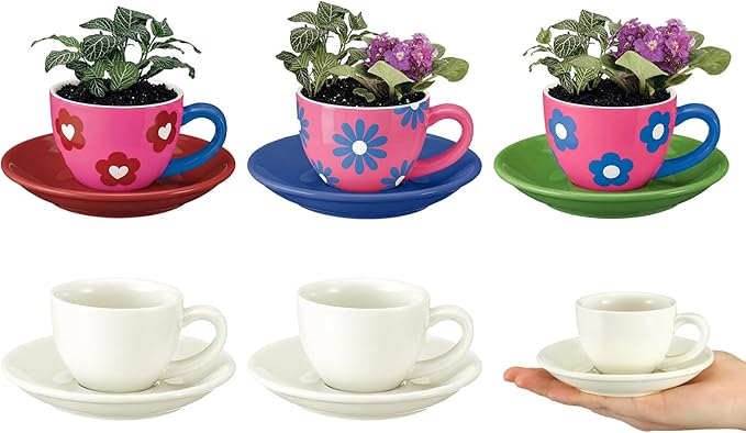 6 Sets Mother's Day Ceramics Teacup Craft Kit with Saucer Color Your Own Cup Flower Planter for Tea Party Crafts Pottery Painting Kit Art Indoor Gardens Family Activity Holiday Decors