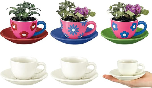 6 Sets Mother's Day Ceramics Teacup Craft Kit with Saucer Color Your Own Cup Flower Planter for Tea Party Crafts Pottery Painting Kit Art Indoor Gardens Family Activity Holiday Decors