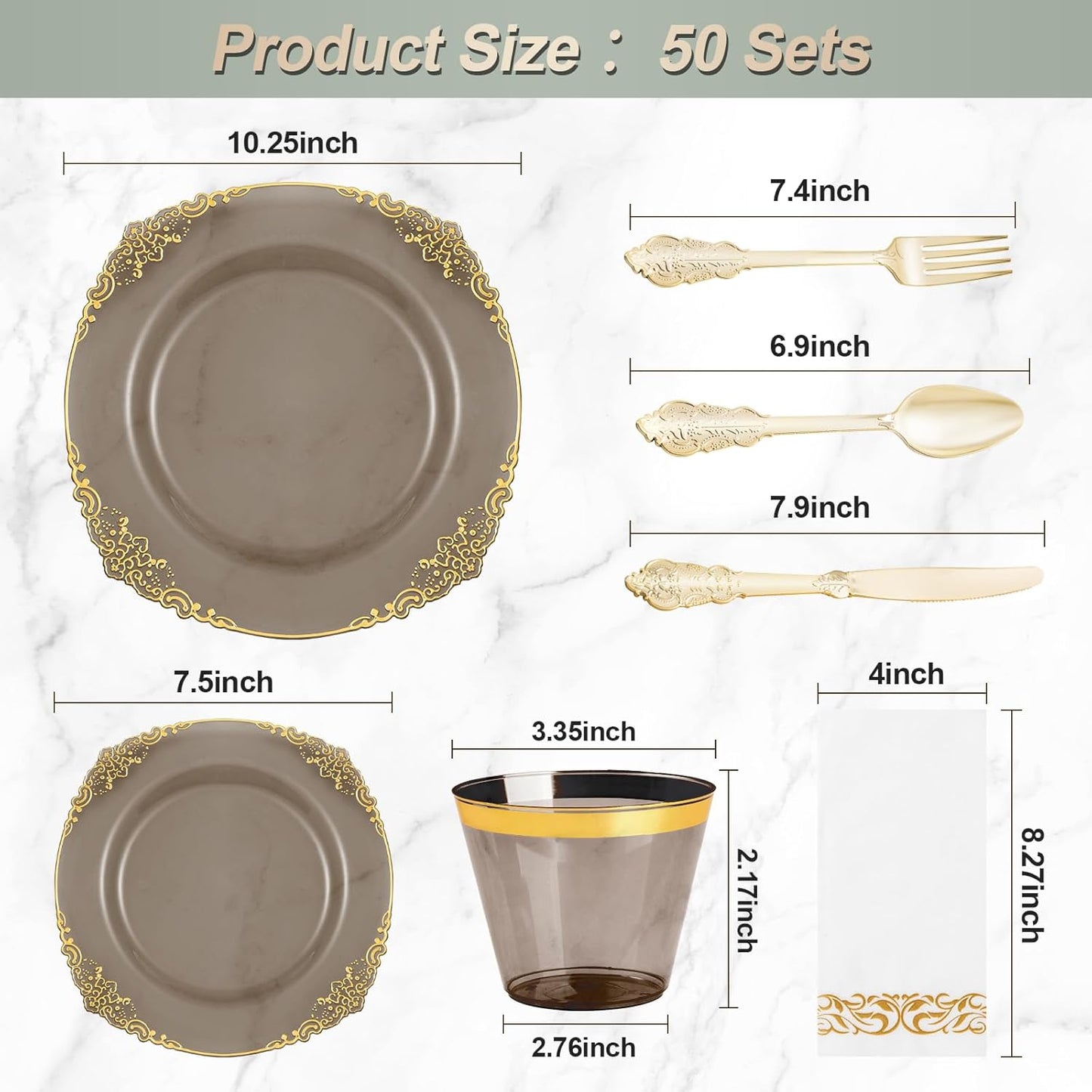 350PCS Clear Black Plastic Plates for 50 Guests, Disposable Plates with Gold Trim include 50 Dinner and Dessert Plates, 150 Gold Silverware, 50 Cups, 50 Napkins for Party & Graduation