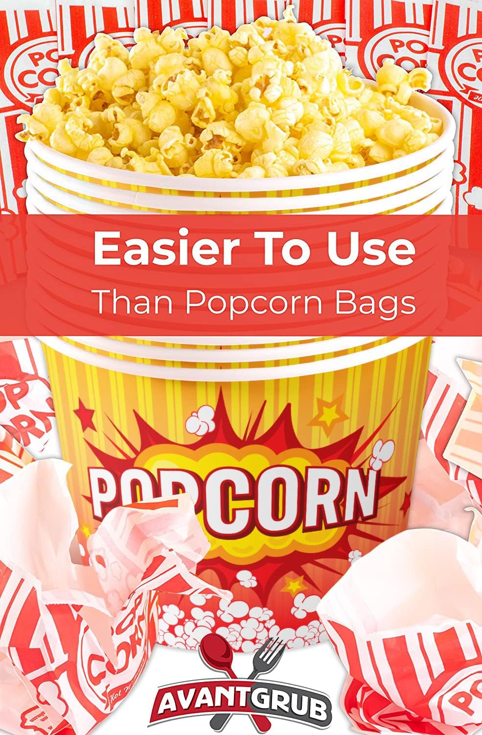 Greaseproof Retro 85oz Popcorn Buckets 25 Pk. Reusable and Durable Pop Corn Tubs in Red Yellow. Large Disposable Containers Perfect For Movie Night, Theme Party, Theater, Carnivals & Fundraisers.