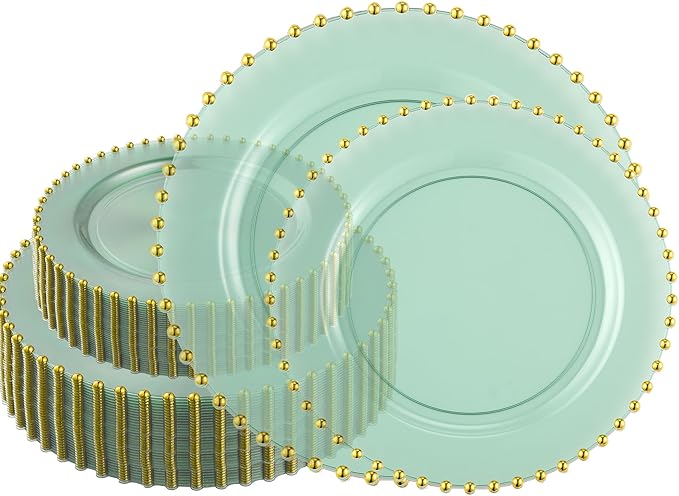 PLASTICPRO 128 Piece Combo Plastic Dinner Plates Disposable Plastic Fancy Heavy Duty Party Dishes 7 inch and 10 inch, Translucent Green and Gold Beaded