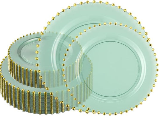 PLASTICPRO 128 Piece Combo Plastic Dinner Plates Disposable Plastic Fancy Heavy Duty Party Dishes 7 inch and 10 inch, Translucent Green and Gold Beaded
