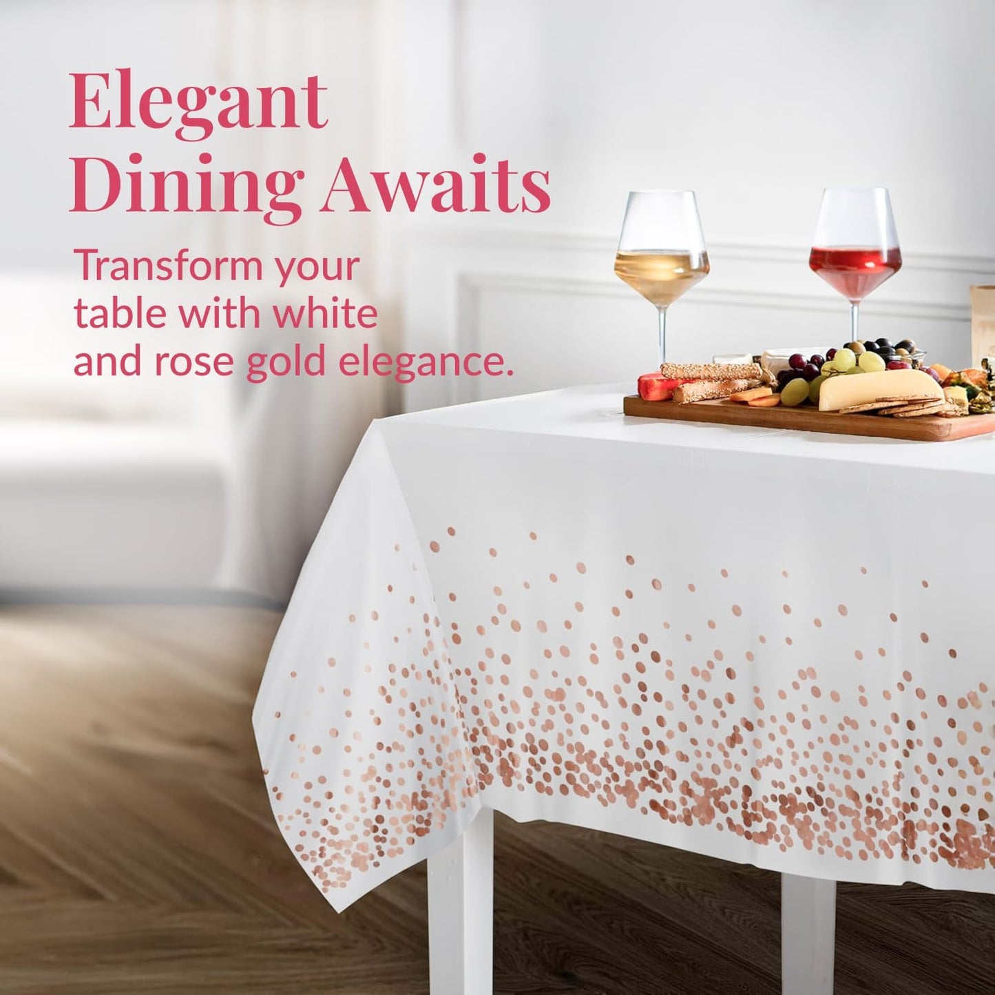 Prestee Rose Gold Plastic Table Cloth Disposable, 4 Pack - 54x108 Inch Rectangle Tablecloths for Wedding and Party - Heavy-Duty, Waterproof Table Covers - Pink and Gold, for Birthday or Fine Dining