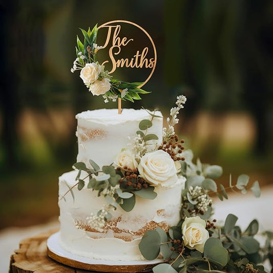 3D Flowers Wedding Cake Topper Personalized Last Name Wedding Cake Decoration in Wood with 3D Artificial Roses