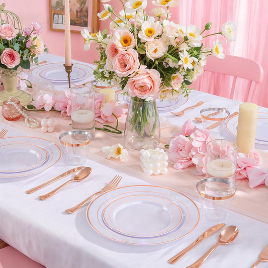 WELLIFE 300 PCS Rose Gold Dinnerware Set for 50 Guests, Valentine's Day Plate, 50 Dinner & Salad Plates,Cups, Forks Knives Spoons for Wedding Reception and Mothers Day Plates