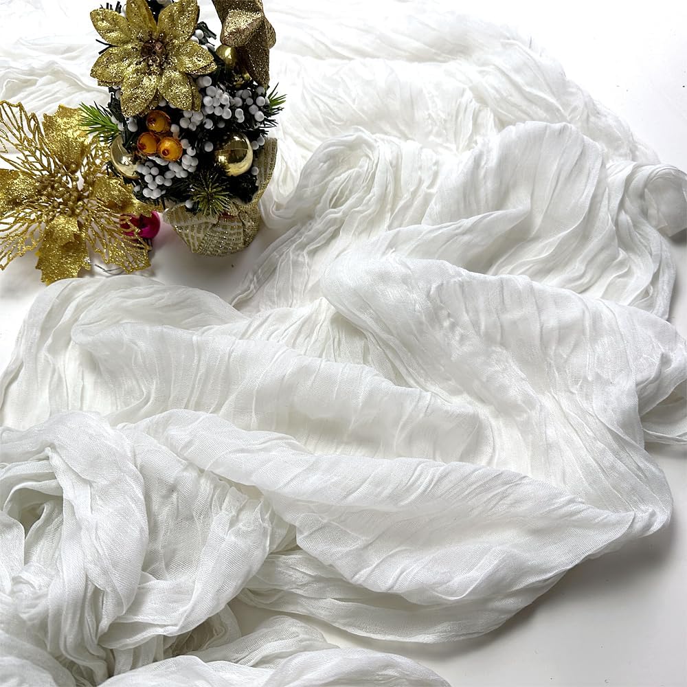 Booque Valley White Table Runner 3 Pack Cheesecloth 10ft Super Soft Boho Wrinkled Gauze Sheer Cloth for Baby Shower Baptism Birthday Party Wedding Christmas Centerpiece Table Decoration, 35x120 Inch