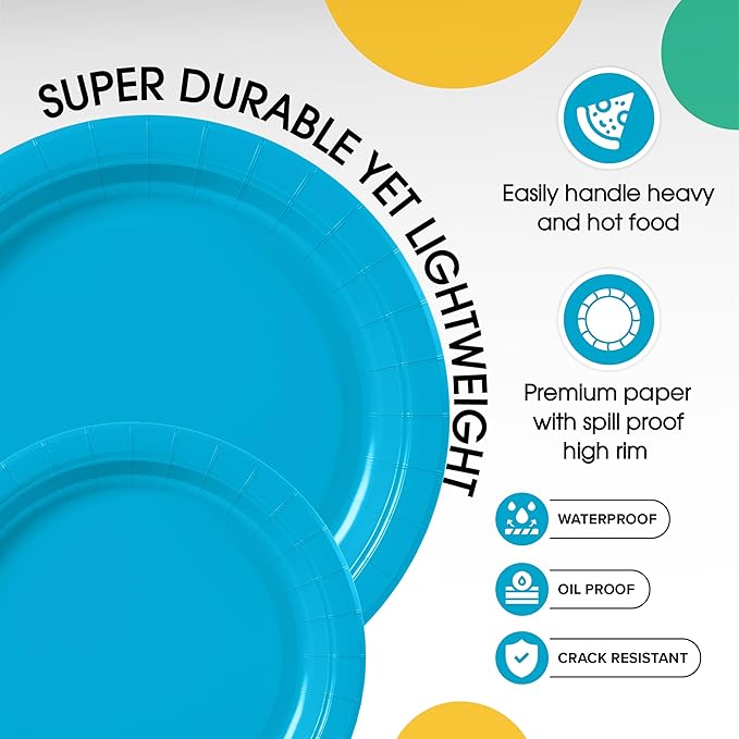Exquisite Turquoise Paper Plates Disposable Heavy Duty 100 Pcs - 50-7" & 50-9" Turquoise Disposable Plates For Party Heavy Duty Paper Plate 350 GSM Birthday Party Supplies Plate Set