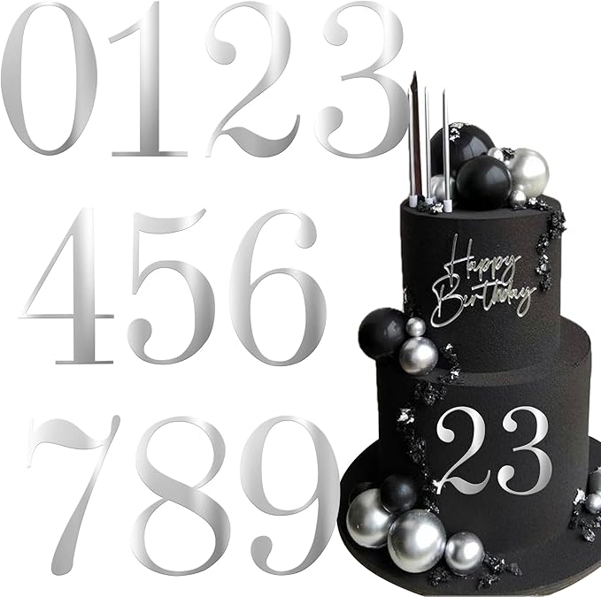 Rsstarxi 10 Pack 0-9 Numbers Cake Topper Mirrored Acrylic Numbers DIY Cake Pick for Baby Shower Wedding Birthday Anniversary Party Cake Decorations Supplies Silver
