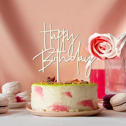 Happy Birthday Cake Topper Mirror Acrylic Cake Topper Side Cake Topper Gold Cake Insert Cake for Birthday Party (Wooden-4(4.3 * 5.9in))