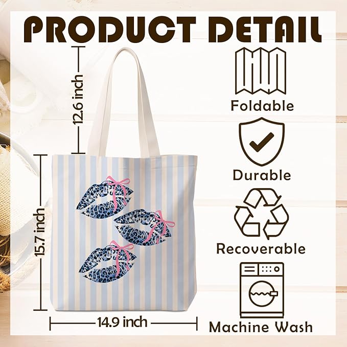 Coquette Bow Blue Leopard Lip Tote Bag for Women,Trendy Cheetah Print Canvas Tote Bag for Girls,Girly Leopard Lip Print Aesthetic Reusable Shopping Grocery Bags Party Favors