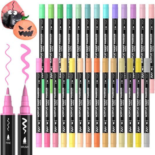 28 Pastel Colors Dual Tip Acrylic Paint Markers, Brush Tip and Fine Tip Acrylic Paint Pens for Rock Painting, Ceramic, Wood, Canvas, Plastic, Glass, Stone, Calligraphy, Card Making, DIY Crafts