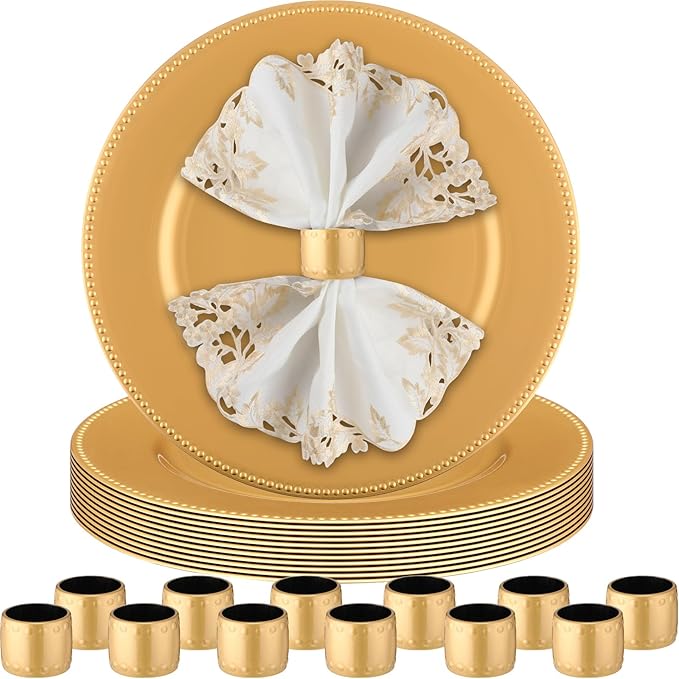 Gerrii 24 Pcs 13 Inch Gold Charger Plates Bulk with Napkin Rings Set Include 12 Pcs Plastic Beaded Charger Plates 12 Napkin Rings Round Dinner Set for Table Wedding Party