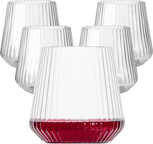 40 Pack Plastic Ribbed Wine Glasses, 14Oz Origami Disposable Wine Glasses Unbreakable Clear Plastic Cocktail Glasses Recyclable Shatterproof Reusable Wine Cups (14oz 40pack)
