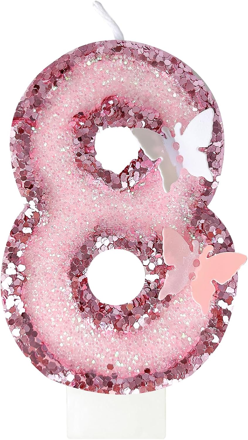 8th Birthday Candles，Glitter Butterfly Cake Toppers Pink Sequins Wedding Numeral Cupcake Decorations，Suitable for Girl and boy Wedding Cakes, Party Celebrations, Birthday Decorations