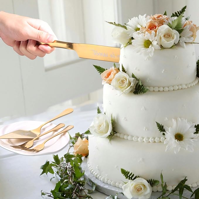 GURUDAR Wedding Cake Knife and Server Set with Forks for Bride and Groom, 4 Pieces Mr and Mrs Wedding Cake Cutting Set For Bridal Shower Gifts Couple Engagement Birthday Anniversary, Gold