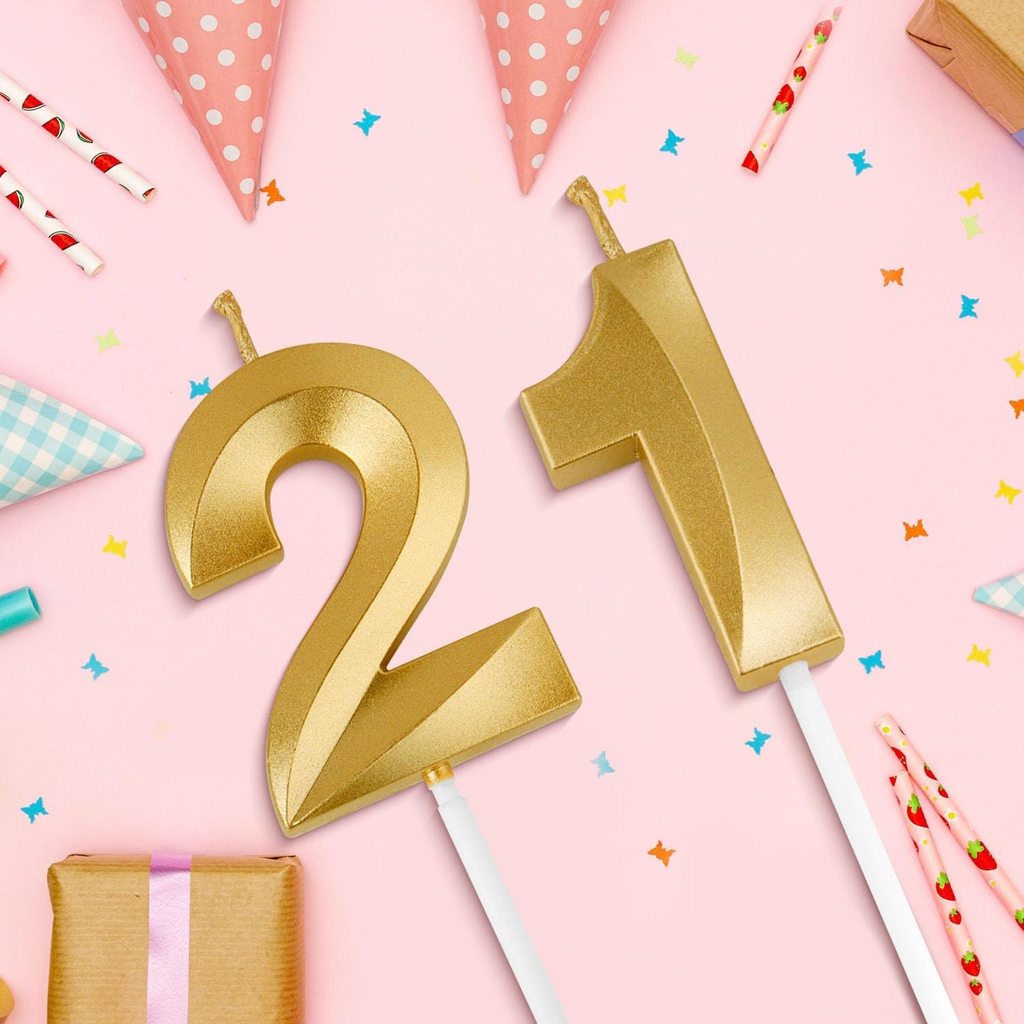 Birthday Candles, 1.96 Inch Number 21 Happy Birthday Candles, Number Candles Decoration for Birthday Party and Anniversary Celebration(Champagne Gold)