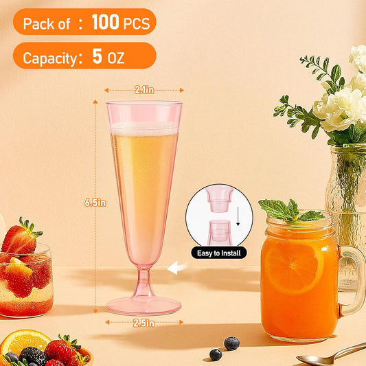 100 Pack Pink Clear Plastic Champagne Flutes, 5 Oz Disposable Champagne Glasses, Unbreakable Acrylic Mimosa Glasses Wedding Cocktail Cups for Engagement Birthday Graduation Party Decorations Supplies