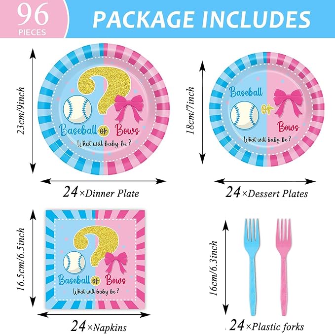 OBUSATT 96Pcs Baseball or Bows Gender Reveal Party Supplies Baseball Gender Reveal Paper Plates Napkins Boy or Girl Baseballs or Bows Decorations Blue or Pink Baseballs Party Tableware Serves 24