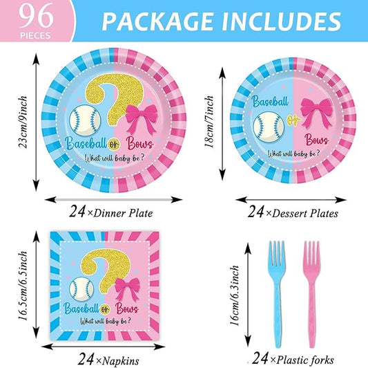 OBUSATT 96Pcs Baseball or Bows Gender Reveal Party Supplies Baseball Gender Reveal Paper Plates Napkins Boy or Girl Baseballs or Bows Decorations Blue or Pink Baseballs Party Tableware Serves 24