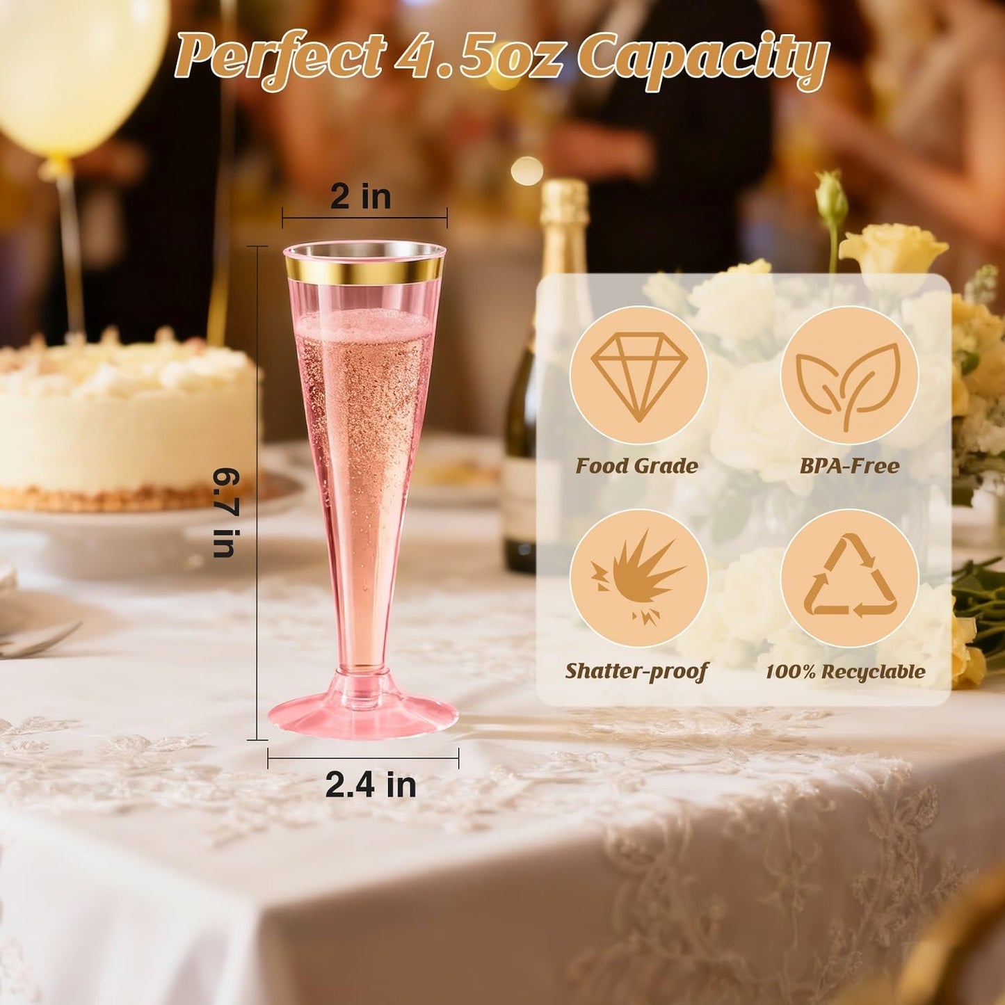 40 Pack Pink Gold Rim Champagne Flutes Plastic Wine Glasses Disposable, 4.5 Oz Mimosa Glasses for 2025 Engagement Wedding Birthday New Years Eve Xmas Party Supplies, Bulk Toasting Cocktail Cups