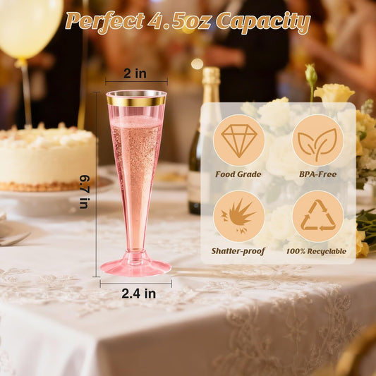 40 Pack Pink Gold Rim Champagne Flutes Plastic Wine Glasses Disposable, 4.5 Oz Mimosa Glasses for 2025 Engagement Wedding Birthday New Years Eve Xmas Party Supplies, Bulk Toasting Cocktail Cups