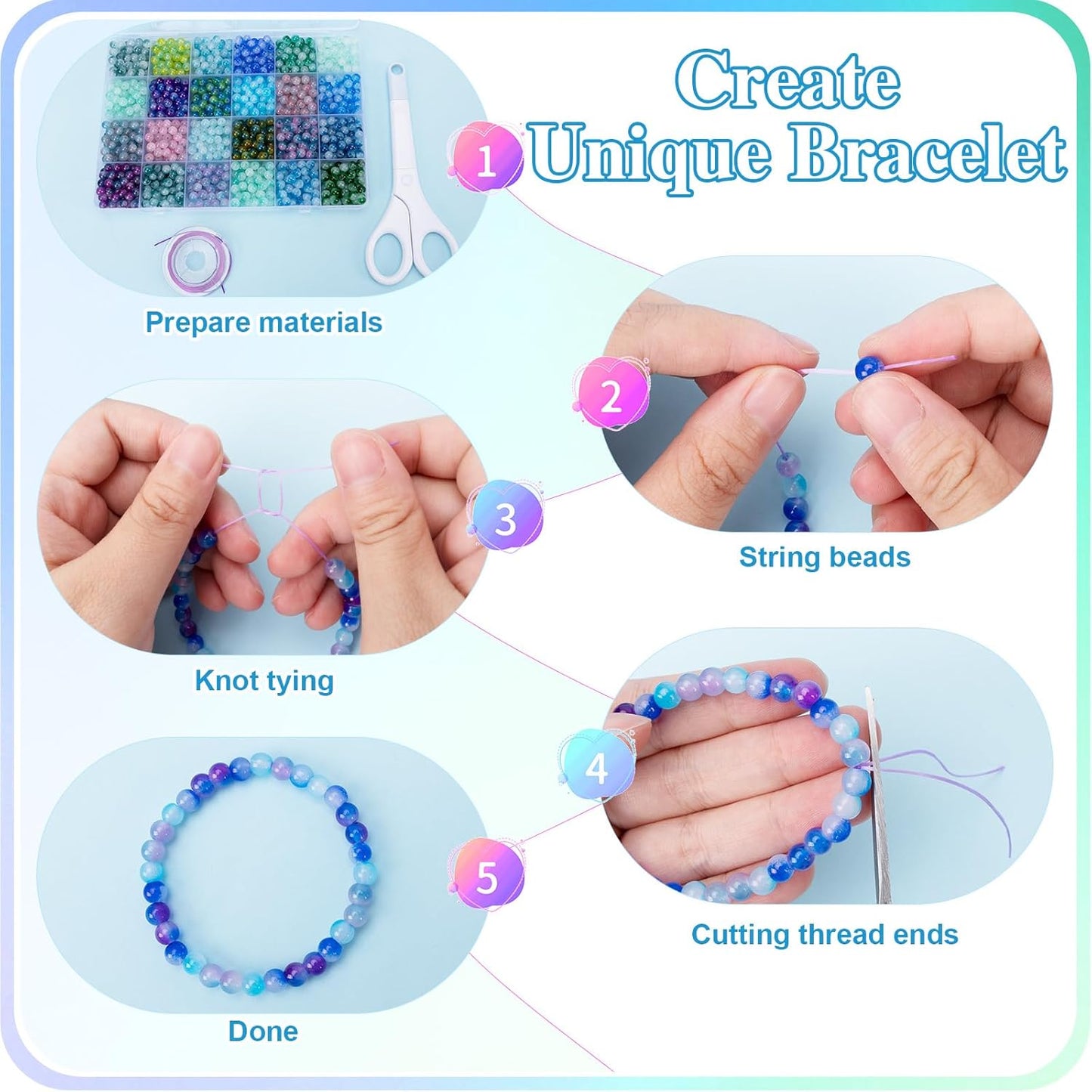 XSEINO About 1200+ pcs 6mm Glass Beads Bracelet Making Kit, 24 Assorted Blue Bi-Color Fusion Series Crystal Beads for Jewelry Making, DIY Crafts, Friendship Bracelets