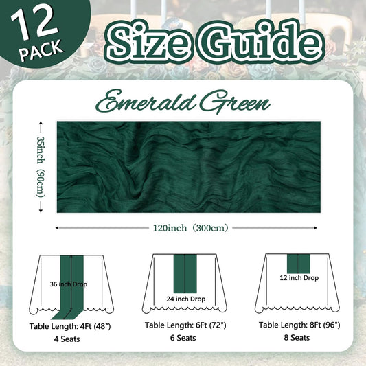 12 Pack Emerald Green Cheesecloth Christmas Table Runner 10ft Boho Gauze Fabric Cheese Cloth Table Runner 35 x 120 Inch Rustic Sheer for Wedding Decor Baby Shower Party Table Centerpiece Decoration