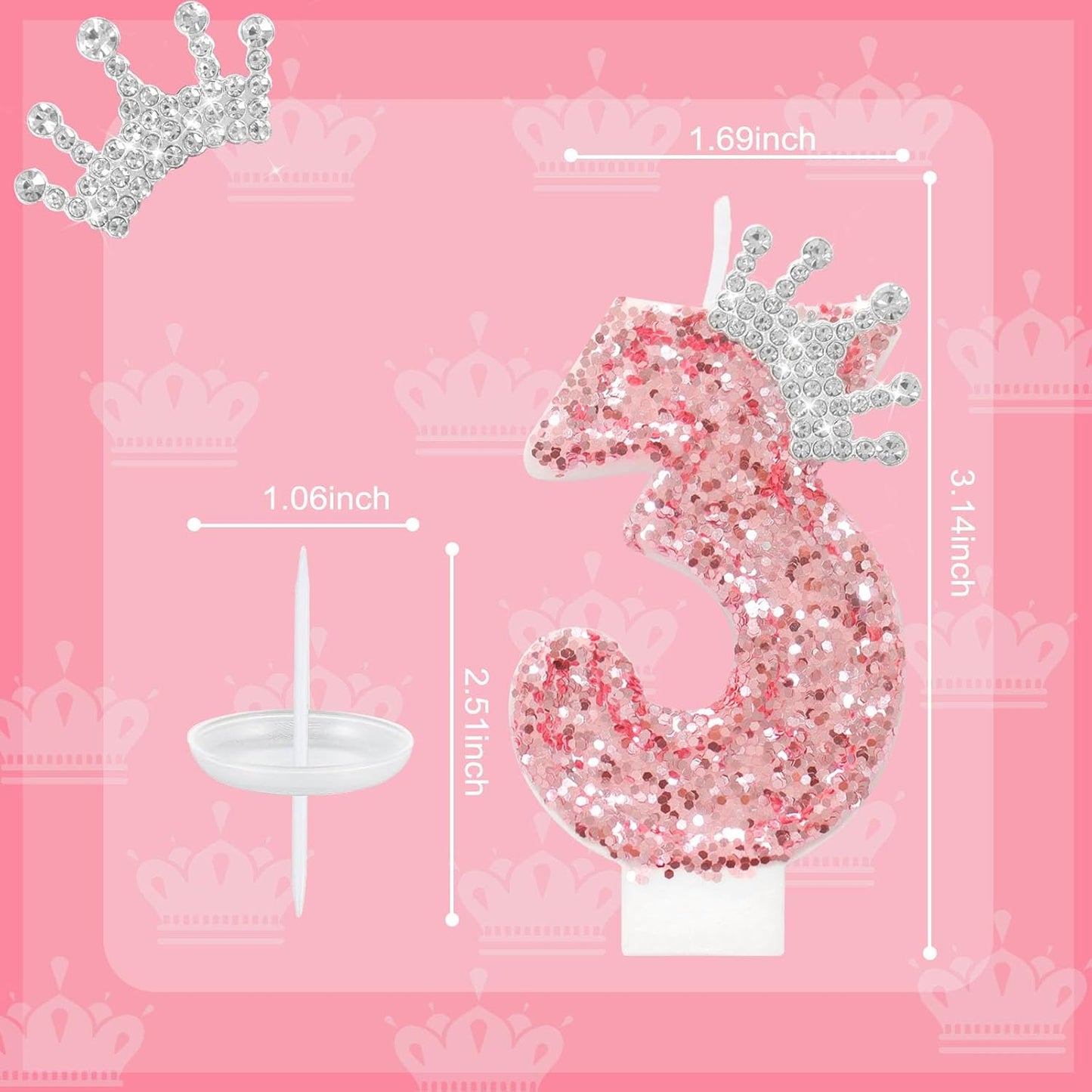 Ceya Number 3 Birthday Candles,Pink Crown Candle for Cake, Sparkling Number Glitter Candle 3.14inch Cake Topper,3st Birthday Decorations for Girl Women Reunions Anniversary Party Supplies