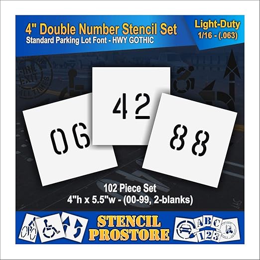 Pavement, Curb, and WheelStop Stencils - 4 inch Double Number Stencil Set - (00-99) - (102 Piece) - 4" x 5.5" x 1/16" (63 mil) - Light-Duty