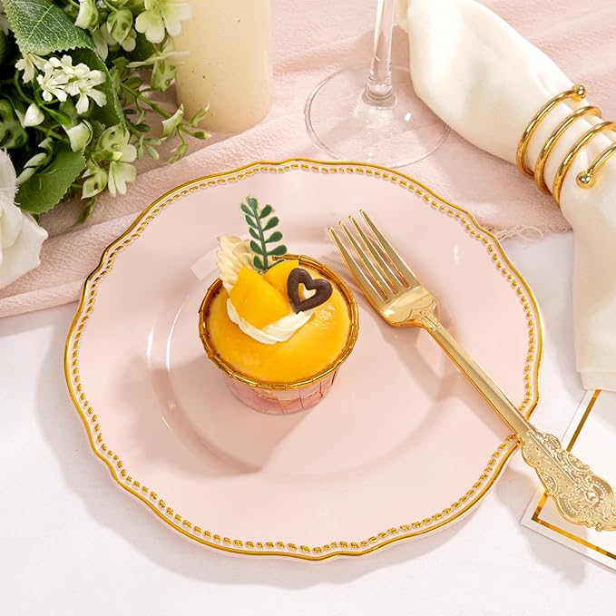 Hioasis 60pcs Pink Plastic Plates - Pink and Gold Disposable Dinnerware with Gold Rim, Heavy-duty, 7 inch, Dessert Plates for Party & Easter