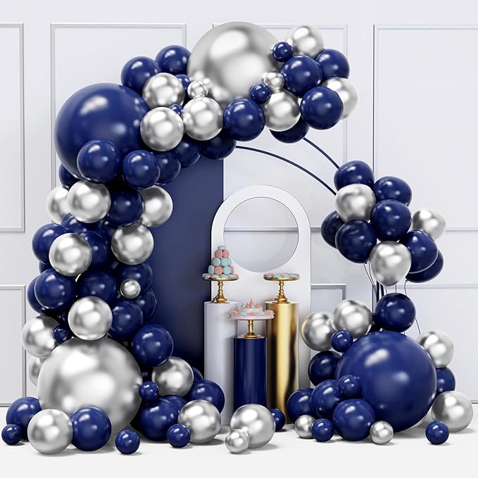 Blue and Silver Balloons Arch Garland Kit, 134pcs Navy Blue and Silver Balloons with Different Size for Birthday Party Baby Shower Graduation Class of 2025 Prom Decorations