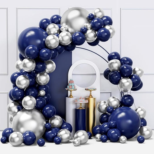 Blue and Silver Balloons Arch Garland Kit, 134pcs Navy Blue and Silver Balloons with Different Size for Birthday Party Baby Shower Graduation Class of 2025 Prom Decorations
