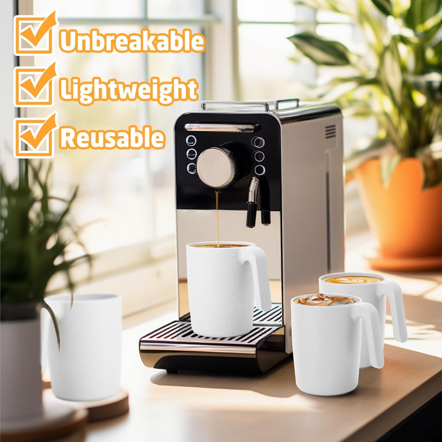 Wheat Straw Cups 16 OZ, Unbreakable Coffee Mugs Set of 6, Alternatives to Plastic Drinking Cups Reusable, Dishwasher Safe Tea Cups for Kitchen, Camping, Farmhouse - White