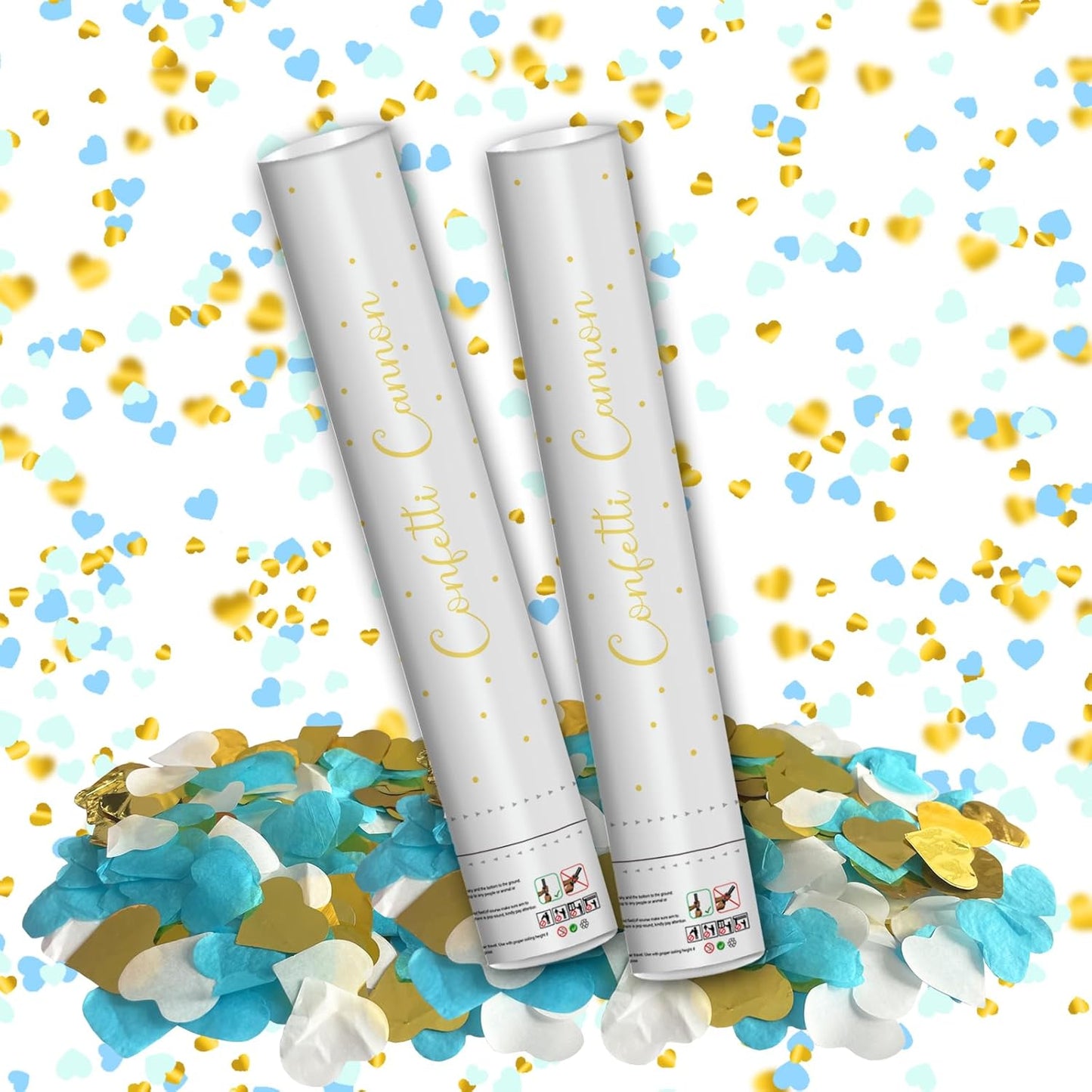 12" Confetti Cannons with Blue & Gold Heart Filling - Party Poppers for Gender Reveal Baby Shower Bridal Shower Valentine Wedding Anniversary - Easy to Use - Pack of 2