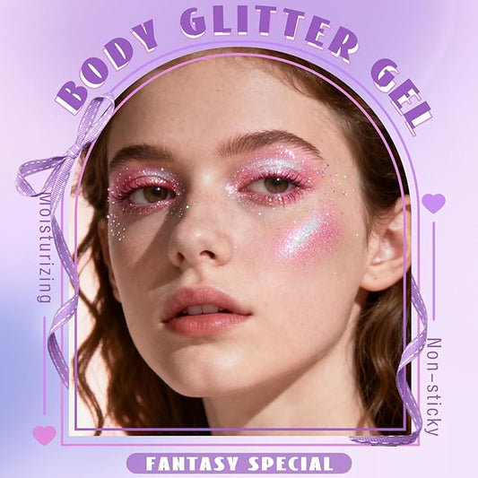 HOSAILY Roll-on Holographic Pink Body Glitter Gel for Face Hair, Chameleon Color Changing Glitter Gel Under Light, Chunky Mermaid Sequins Festival Party Rave Accessories Shimmer Halloween Makeup