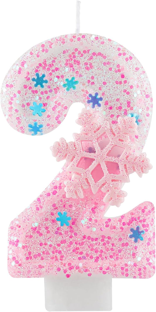 Pink Frozen Snow Themed Birthday Candles,Pink Snowflake Number 2nd Birthday Candle for Party Supplies,Winter Frozen Birthday Party Number 4 Cake Topper Decorations