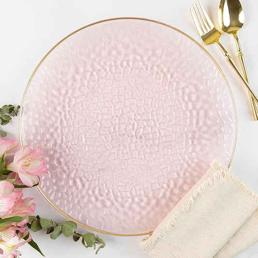 PARTY BARGAINS 13-Inch Charger Plates - 4 Pack, Hammered Pink Gold Rim, Heavy-Duty Disposable Chargers for Elegant Dining - Ideal for Weddings and Formal Events