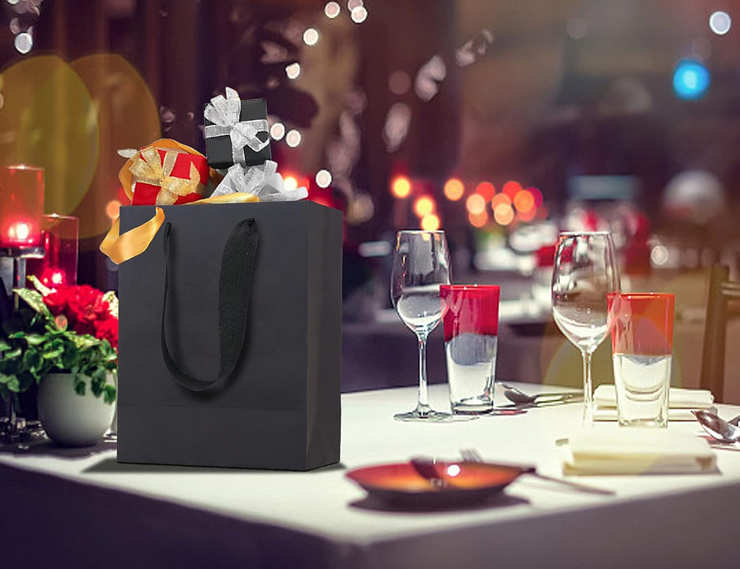 HUAPRINT Black Paper Bags - Gift & Shopping Bags with Ribbon Handles, 30 Packs, 7x4x9Inch - Perfect for Clothes, Parties, Weddings & Business Merchandise