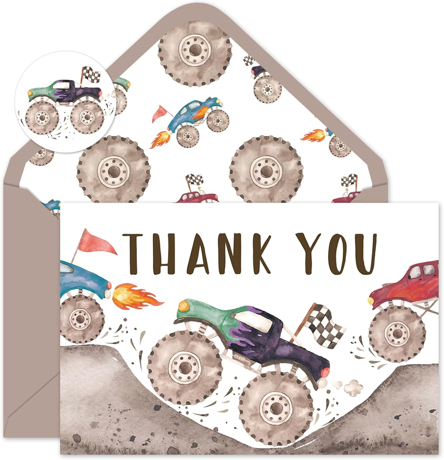 24 Pack Racing Truck Thank You Cards Racing Car Greeting Cards With Envelopes Stickers Colorful Truck Blank Note Card for Baby Shower Birthday Party